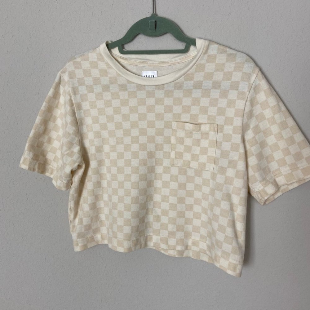 GAP 90s Reissue Cropped Checkerboard T-Shirt Tee Light Brown Check NWOT XS